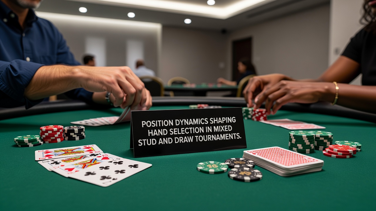 Detaljeret visning af pokerhænder og positioner under en draw-fase i en mixed turnering